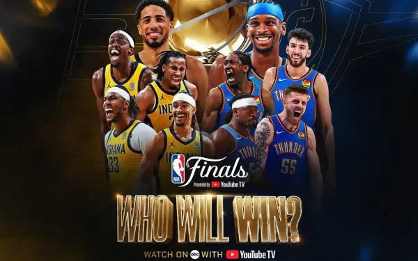 HD desktop wallpaper featuring NBA Finals showdown between Indiana Pacers and Oklahoma City Thunder players with Who Will Win? text and NBA Finals branding.