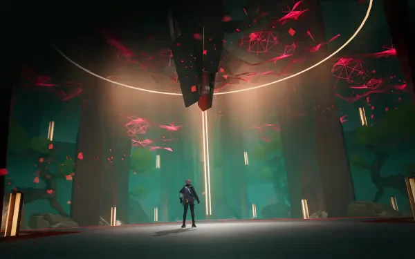 HD PC desktop wallpaper from the video game Etheria: Restart, featuring a lone figure standing beneath a massive hovering structure bathed in glowing red and green light.