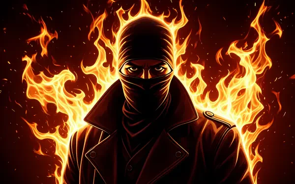 4K Ultra HD PC wallpaper depicting a mysterious thief in dark clothing with a blazing fire halo in the background, emphasizing intensity and stealth.