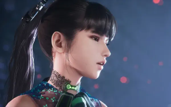 A detailed 4K Ultra HD PC wallpaper featuring a close-up of a female character from the video game Stellar Blade, showcasing futuristic attire and glowing elements.