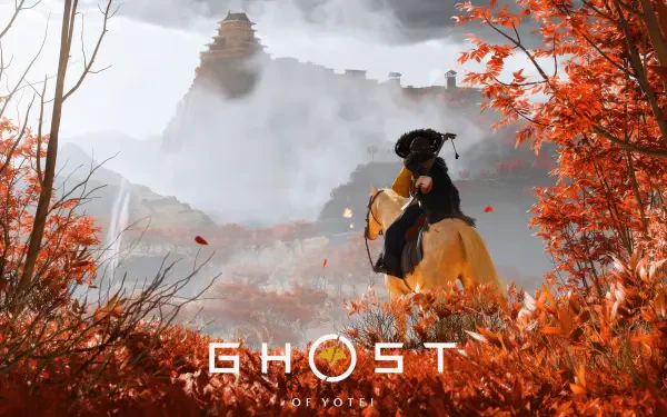 A 4K Ultra HD PC desktop wallpaper from the video game Ghost of Yōtei, featuring a lone warrior on horseback amidst vibrant autumn foliage with a misty castle in the background.