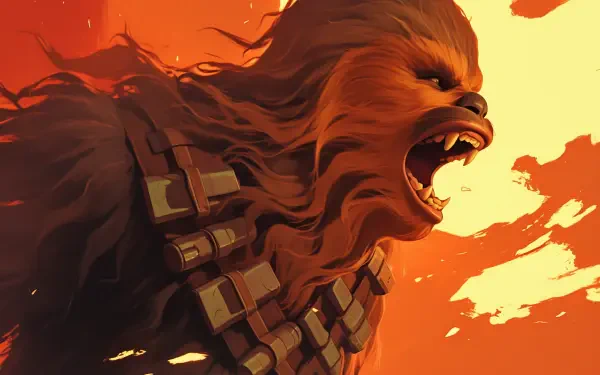 HD anime-style Star Wars wallpaper featuring a roaring Chewbacca against a fiery sunset background, designed for PC desktop use.
