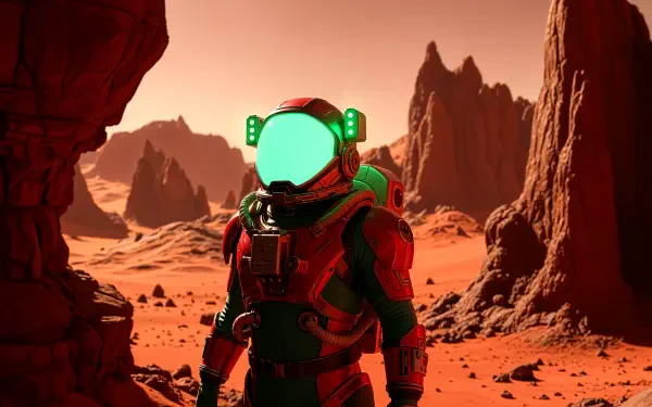 4K Ultra HD desktop wallpaper featuring an astronaut standing on a rocky, reddish alien landscape with rugged cliffs under a warm, glowing sky.