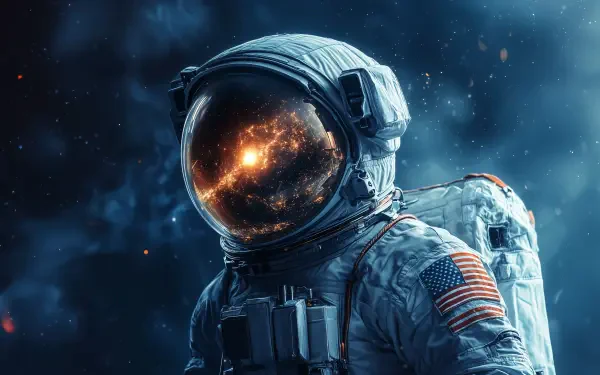 A detailed 4K Ultra HD sci-fi PC wallpaper featuring an astronaut in a space suit with a reflective visor against a cosmic background.