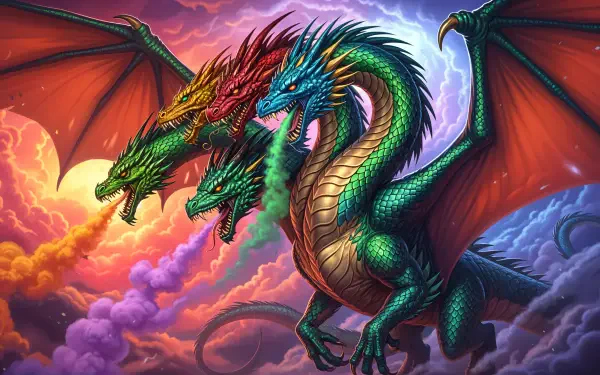 A vibrant 4K Ultra HD PC desktop wallpaper of a fierce multi-headed dragon soaring through a stormy sky with red wings and colorful scales.