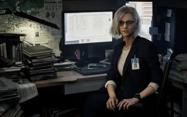 HD PC desktop wallpaper featuring a character from the video game Resident Evil Requiem in a dimly lit office setting.