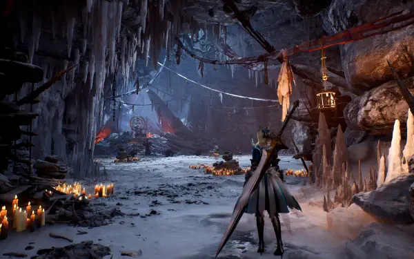 HD PC desktop wallpaper from the video game Vindictus: Defying Fate, depicting a character with a large sword exploring a dark, candle-lit cave.
