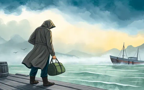 4K Ultra HD PC desktop wallpaper featuring a lone smuggler in a hooded coat carrying a bag, standing by the misty shore with a ship in the distance under a cloudy sky.