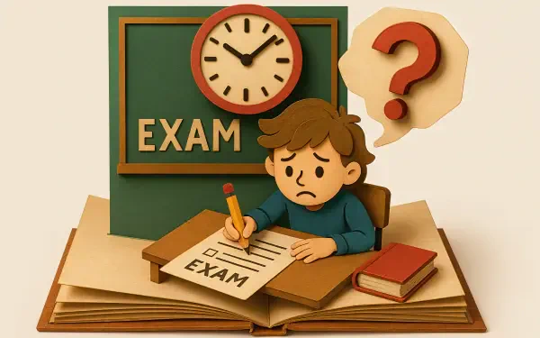 4K Ultra HD desktop wallpaper depicting a worried student taking an exam under a clock, with a question mark symbolizing uncertainty.