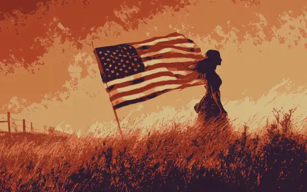 4K Ultra HD PC desktop wallpaper showing a person walking through a field holding a waving American flag against a warm, textured sky.