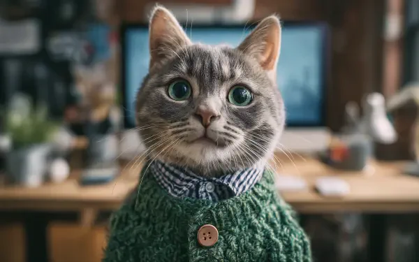 A close-up of a cat wearing a green knit sweater, captured in sharp detail as a 4K Ultra HD PC desktop wallpaper and background.