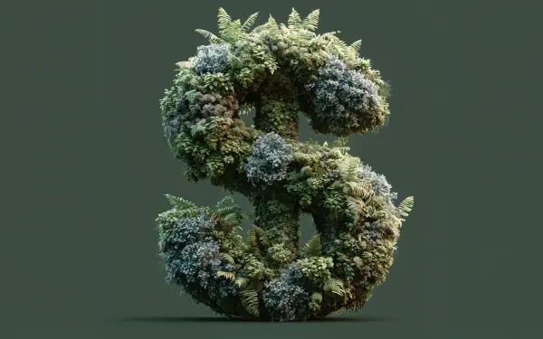 3D dollar sign covered in green moss and foliage, rendered as a 4K Ultra HD PC desktop wallpaper with a dark green background.