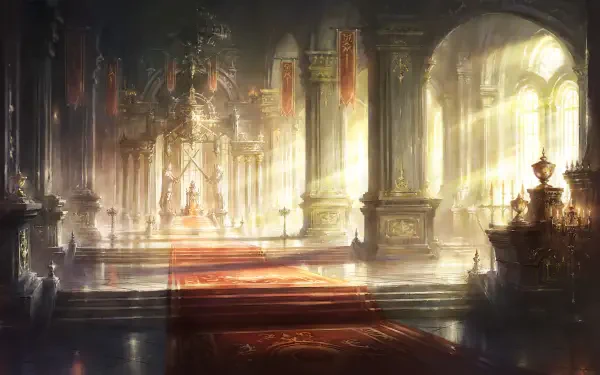 HD PC desktop wallpaper from the video game Shadowverse: Worlds Beyond, depicting a grand, sunlit castle interior with ornate columns and a red carpeted staircase.