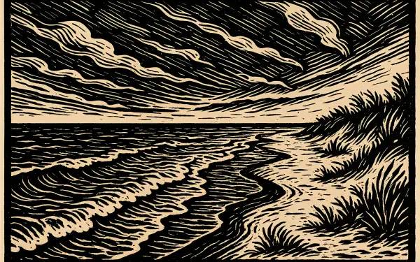 4K Ultra HD PC desktop wallpaper of a stylized shore with waves, sandy beach, and grassy dunes under a dramatic cloudy sky in an artistic woodcut style.