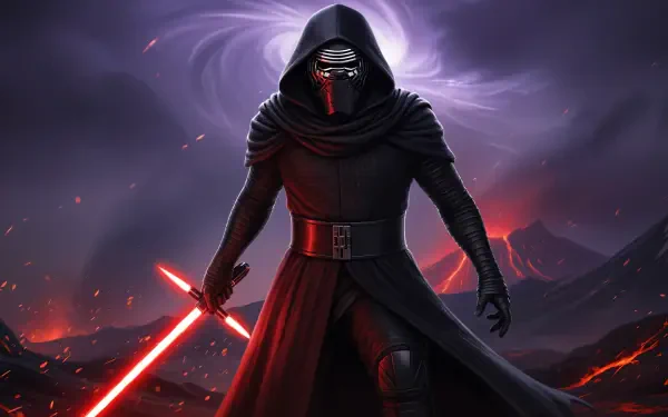 Kylo Ren stands wielding his red crossguard lightsaber against a dark, fiery volcanic backdrop in this 4K Ultra HD PC desktop wallpaper.