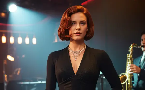 Black Widow in a sleek black outfit with red hair, set against a dimly lit jazz club background, captured in a 4K Ultra HD PC desktop wallpaper.