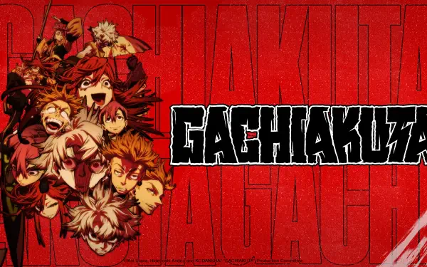Vibrant 4K Ultra HD Gachiakuta wallpaper featuring dynamic anime characters against a bold red background with stylized black and white GACHIAXUTA text.