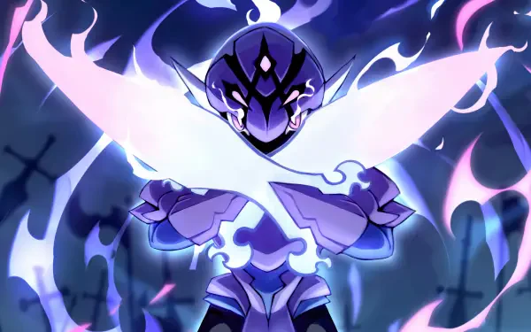 Anime-style 4K Ultra HD wallpaper featuring Ceruledge, the ghost Pokémon from Pokémon Horizons: The Series, glowing with eerie purple and white flames.