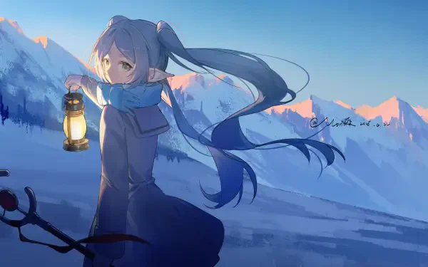 Anime-style 4K Ultra HD desktop wallpaper featuring Frieren from Frieren: Beyond Journey's End, holding a lantern against a serene blue mountain backdrop at dusk.