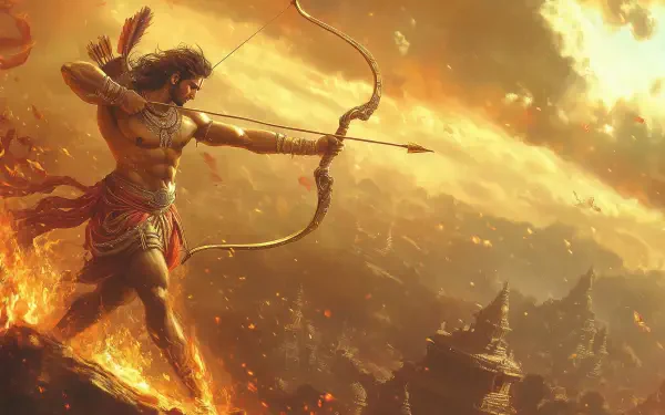 HD desktop wallpaper depicting Lord Ram, the Hindu god and archer, drawing his bow with the sun illuminating the dramatic sky in the background.