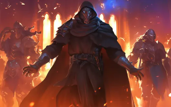 Anime-style horror plague doctor with glowing eyes stands menacingly in a fiery, dark environment, creating a striking HD PC desktop wallpaper and background.