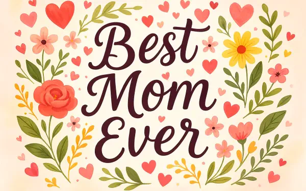4K Ultra HD PC desktop wallpaper featuring Best Mom Ever text surrounded by colorful flowers and hearts in a cheerful, hand-drawn style.
