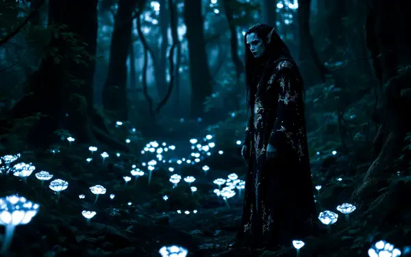 4K Ultra HD wallpaper featuring a dark elf standing in an eerie forest illuminated by glowing blue flowers, creating a mystical and dark fantasy atmosphere.