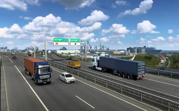 HD desktop wallpaper from the video game Euro Truck Simulator 2, featuring busy highway roads with trucks and cars under a bright blue sky.
