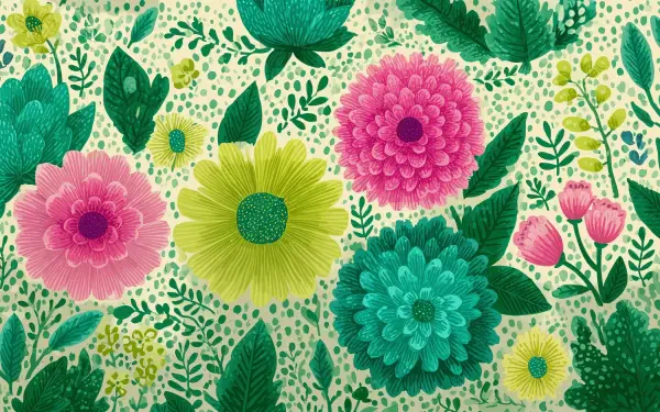 A vibrant spring pattern featuring pink, yellow, and teal flowers with green leaves, rendered in 4K Ultra HD as a PC desktop wallpaper and background.