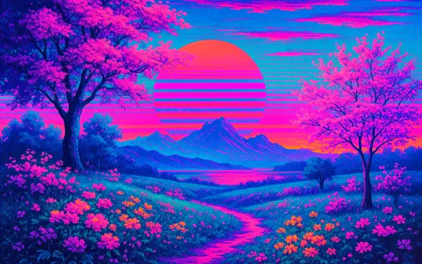 A vibrant 4K Ultra HD PC desktop wallpaper featuring neon pink and purple blossoming trees, colorful flowers, a winding path, and a stylized sunset over distant mountains.