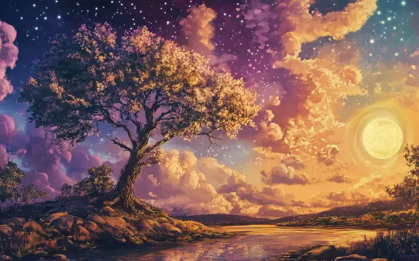 Artistic HD desktop wallpaper depicting a vibrant Summer Solstice landscape with a lone tree by a reflective body of water under a starry, colorful sky at sunset.