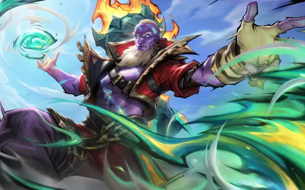 Ryze from League of Legends unleashes swirling magical energy in this vibrant 8K Ultra HD PC desktop wallpaper.