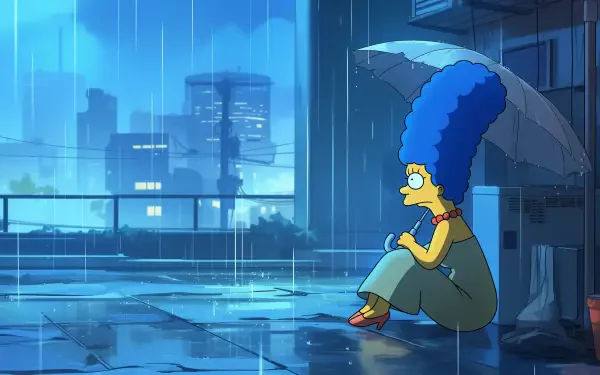 HD desktop wallpaper featuring Marge Simpson from The Simpsons sitting in the rain holding an umbrella in a moody, urban nighttime setting.