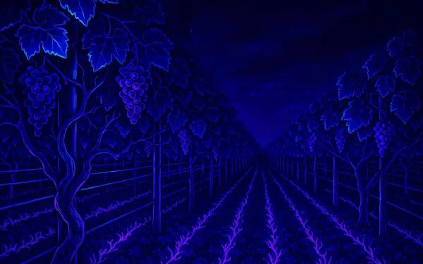 4K Ultra HD desktop wallpaper featuring a vineyard at night, illuminated in deep blue and purple hues creating a serene and mystical atmosphere.