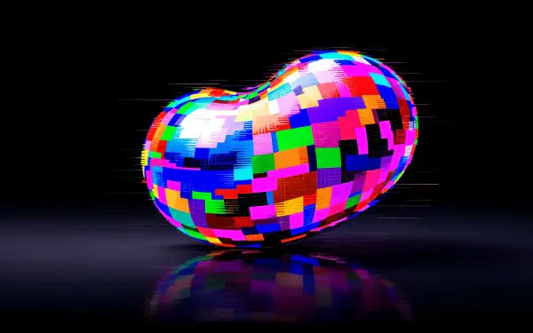 4K Ultra HD PC desktop wallpaper featuring a vibrant, multicolored pixelated jelly bean against a dark reflective background.