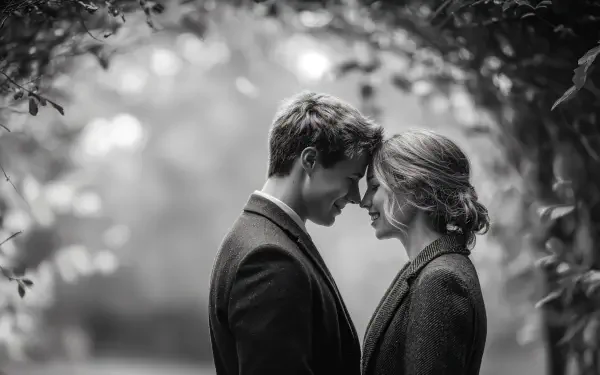 A tender black-and-white 4K Ultra HD desktop wallpaper of an engaged couple sharing an intimate moment, embodying love and connection.