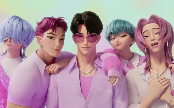 HD PC desktop wallpaper featuring stylized KPop Demon Hunters from the movie Saja Boys, showcasing five vibrant, animated characters in pastel purple and pink tones.
