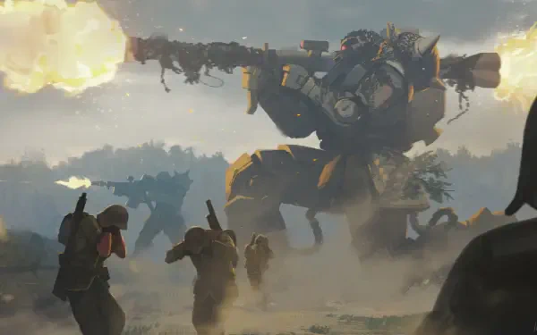 HD anime desktop wallpaper featuring a war scene from Mobile Suit Gundam, with soldiers advancing amid explosions and a towering Gundam mech in the background.