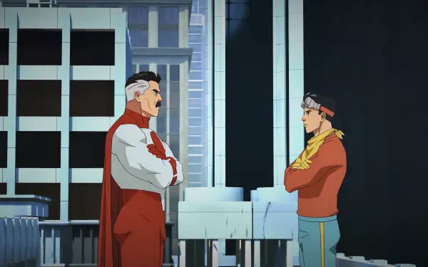 4K Ultra HD wallpaper featuring Nolan Grayson and Mark Grayson from the TV show Invincible standing face-to-face in a cityscape at night.
