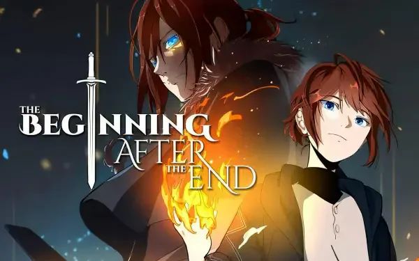 HD anime desktop wallpaper featuring characters from The Beginning After The End with glowing magical effects and a sword, set against a dark, starry background.