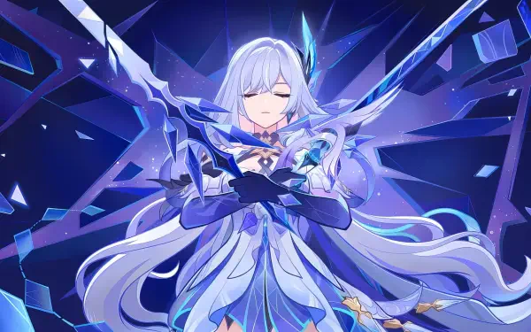 HD desktop wallpaper featuring Skirk, an anime girl character from the video game Genshin Impact, surrounded by glowing blue crystals and ethereal energy.