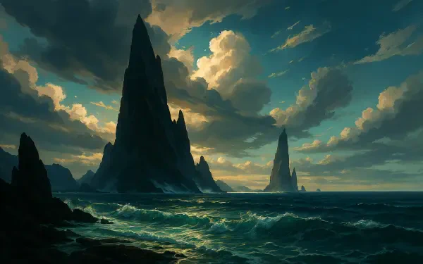 4K Ultra HD PC desktop wallpaper featuring a dramatic seascape with towering dark rock formations against a moody, cloudy sky over turbulent ocean waves.