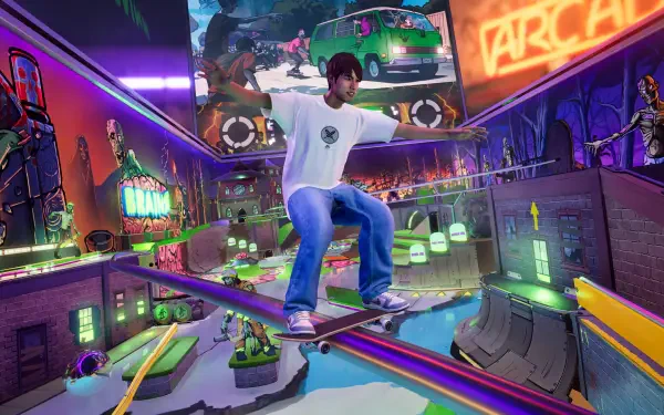 4K Ultra HD wallpaper featuring a skateboarding trick from Tony Hawk's Pro Skater 3 + 4 in a vibrant, neon-lit video game arcade environment.