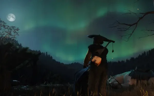 4K Ultra HD PC wallpaper from the video game Ghost of Yōtei, featuring a mysterious figure under a glowing aurora in a dark, atmospheric gaming environment.