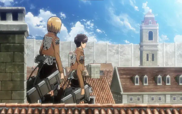 HD anime desktop wallpaper featuring Armin Arlert from Attack on Titan overlooking the city with fellow soldier under a bright blue sky.