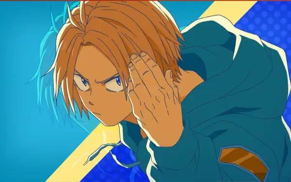 HD anime desktop wallpaper featuring Shin from Sakamoto Days in an intense, dynamic pose against a vibrant blue and yellow background.