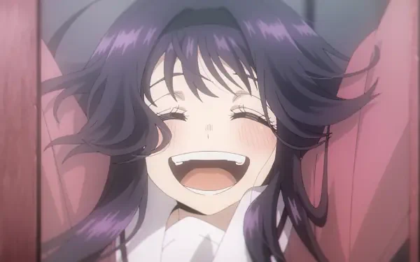 HD anime desktop wallpaper featuring Kaoruko Waguri from The Fragrant Flower Blooms With Dignity, smiling joyfully with her eyes closed and dark purple hair flowing.