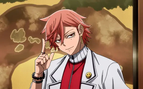 HD anime wallpaper featuring a confident character from Tougen Anki with red hair, wearing a white coat and red shirt, set against a warm, blurred background.
