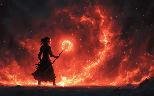 A fantasy scene in 4K Ultra HD of a figure wielding a staff, casting a fiery magic spell that swirls brilliantly against a dark, smoky background.