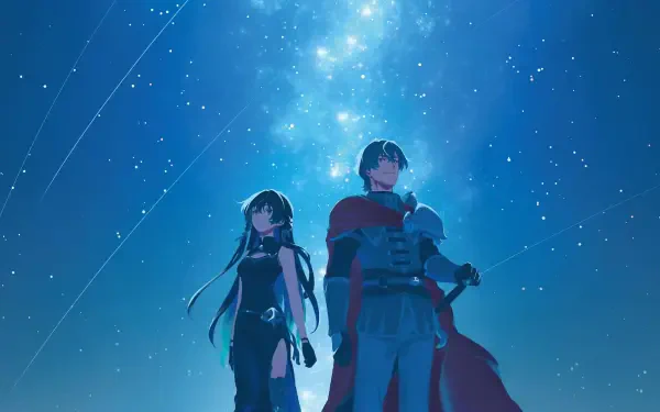 Anime-style HD desktop wallpaper from Unnamed Memory featuring two characters standing under a starry, glowing night sky.